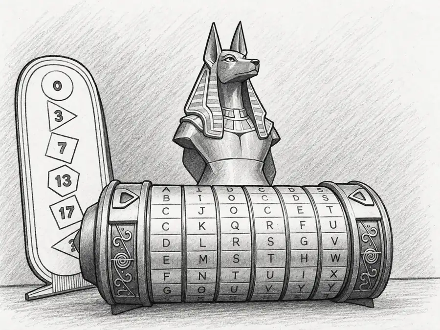 Dessin au crayon du matériel du coffre Égypte : statuette d'Anubis, cryptex et cartouche à énigmes
