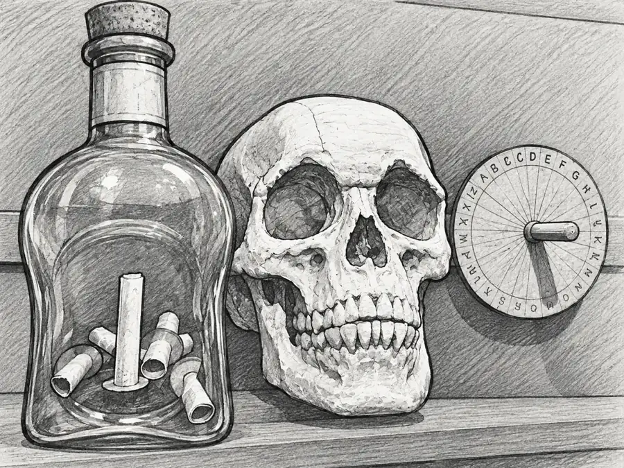 Dessin au crayon du matériel du coffre Pirate : crâne, bouteille à messages et disque de chiffrement